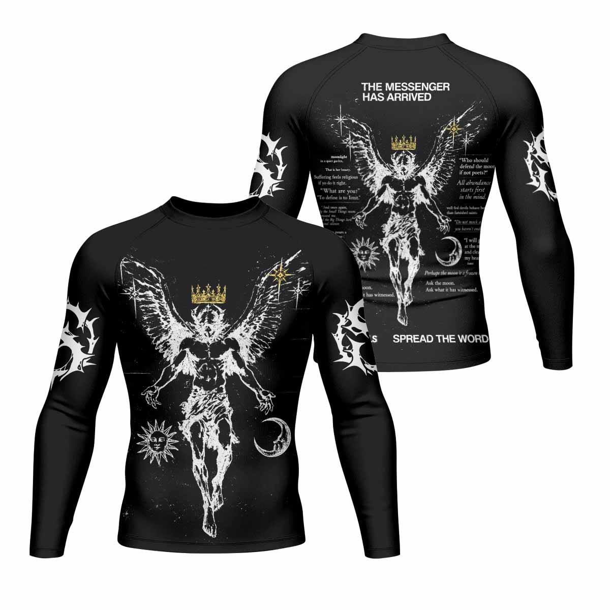 The Messenger Has Arrived Black Men's Rash Guard Long Sleeve - front and back view