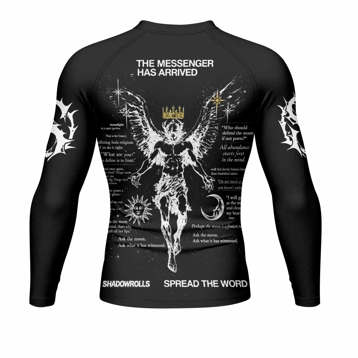 The Messenger Has Arrived Black Men's Rash Guard Long Sleeve - back view mockup