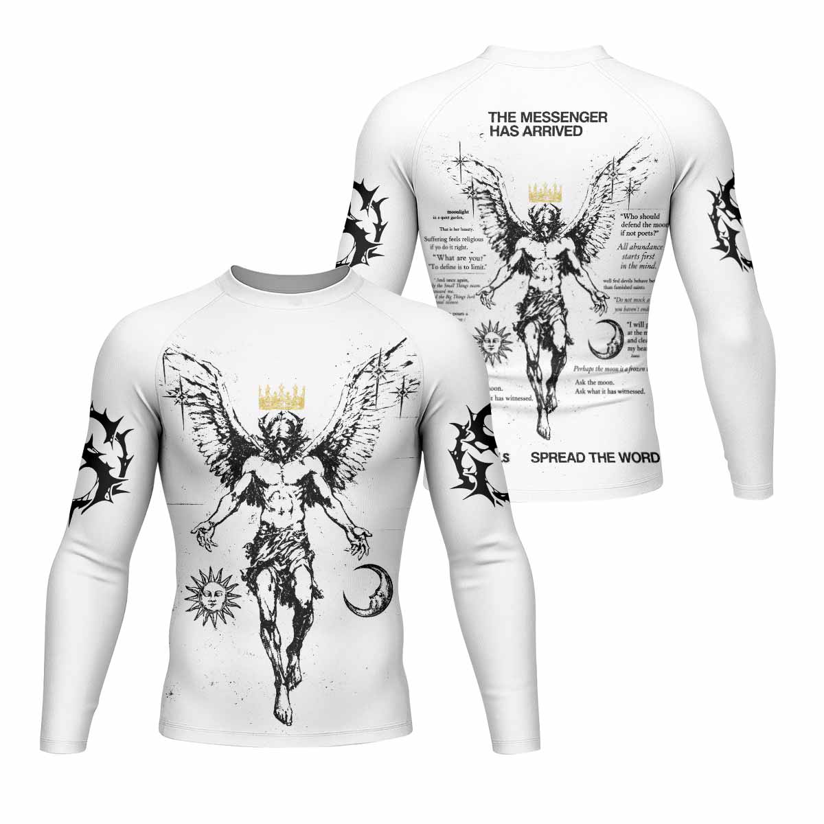 The Messenger Has Arrived White Men's Rash Guard Long Sleeve - front and back view