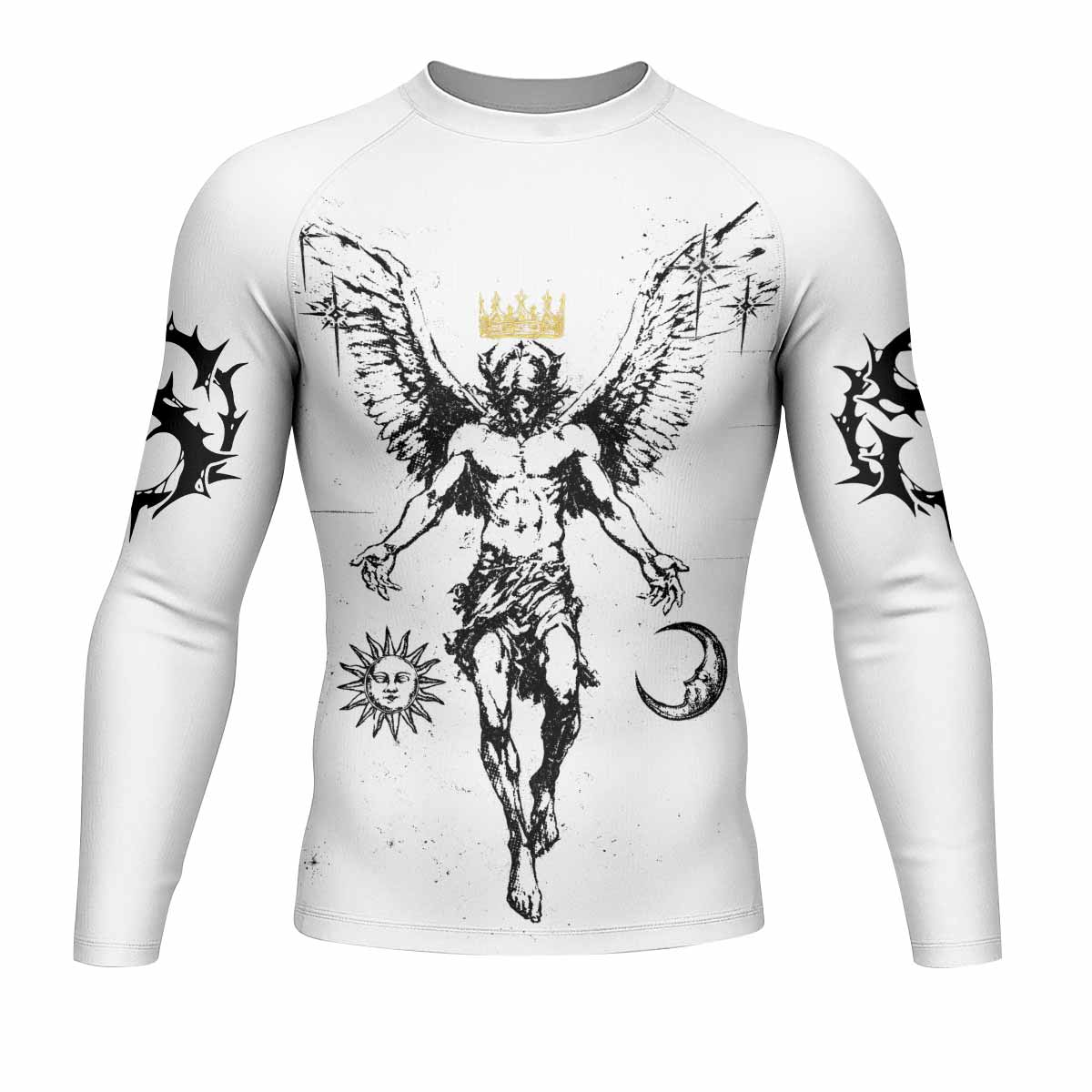 The Messenger Has Arrived White Men's Rash Guard Long Sleeve - front view mockup