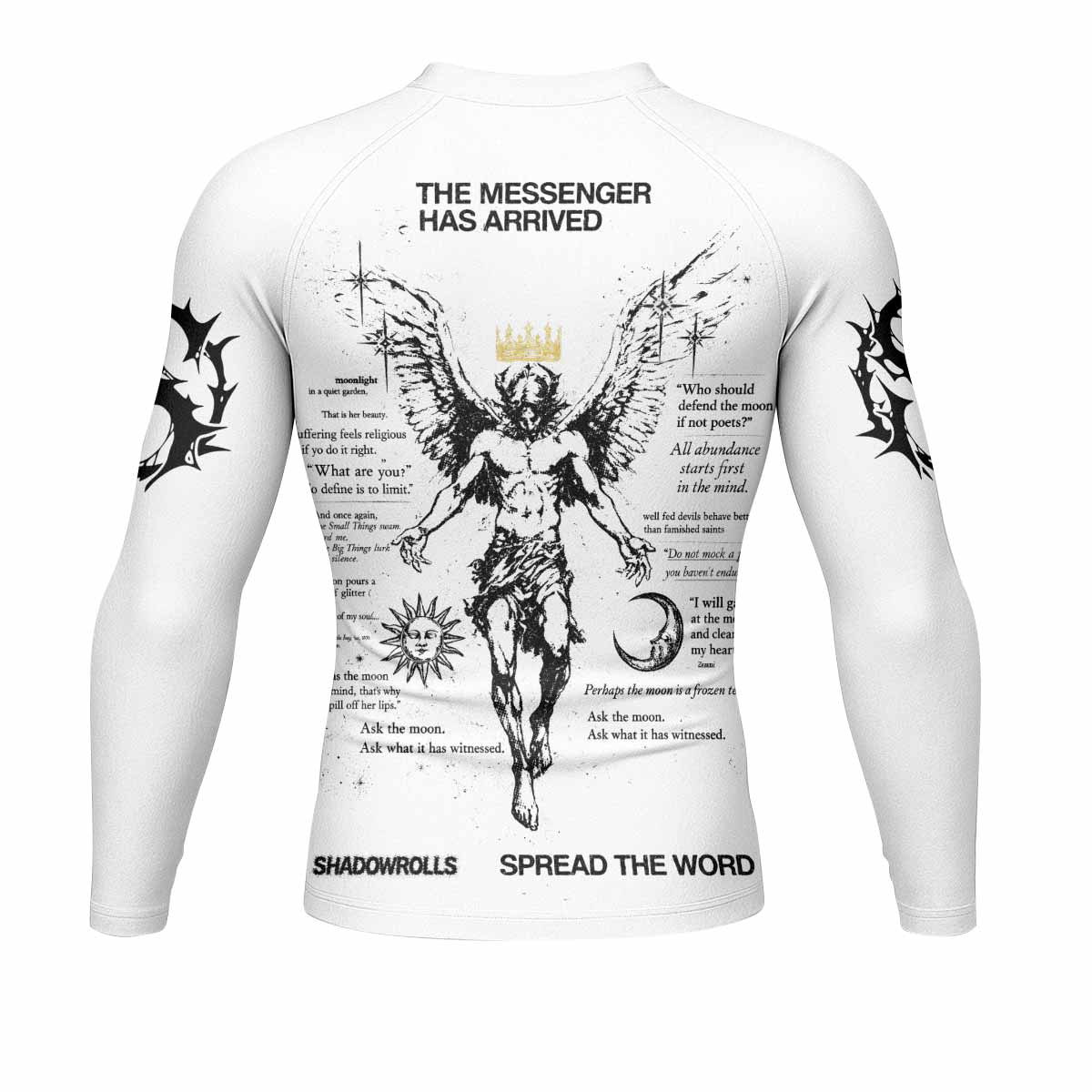 The Messenger Has Arrived White Men's Rash Guard Long Sleeve - back view mockup