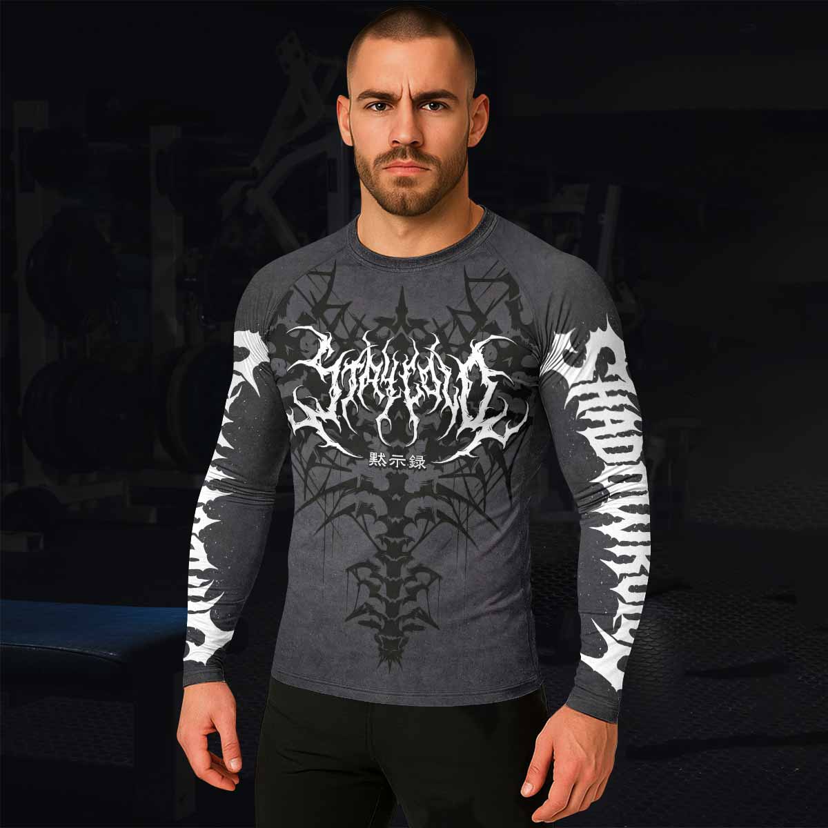 Black Metal Gothic Spine Men's Rash Guard Long Sleeve - lifestyle view