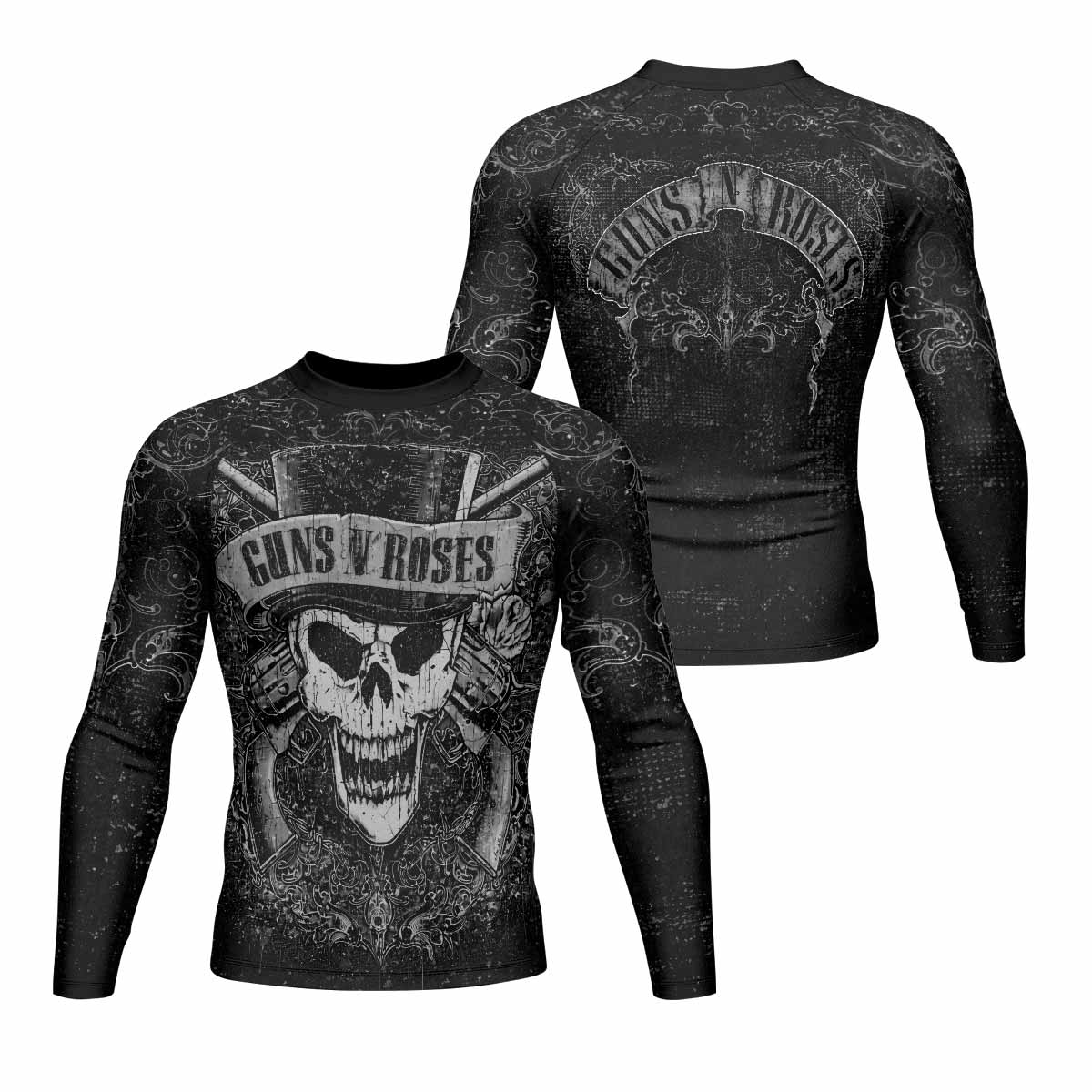 Guns N' Roses Skull Men's Rash Guard Long Sleeve - front and back view