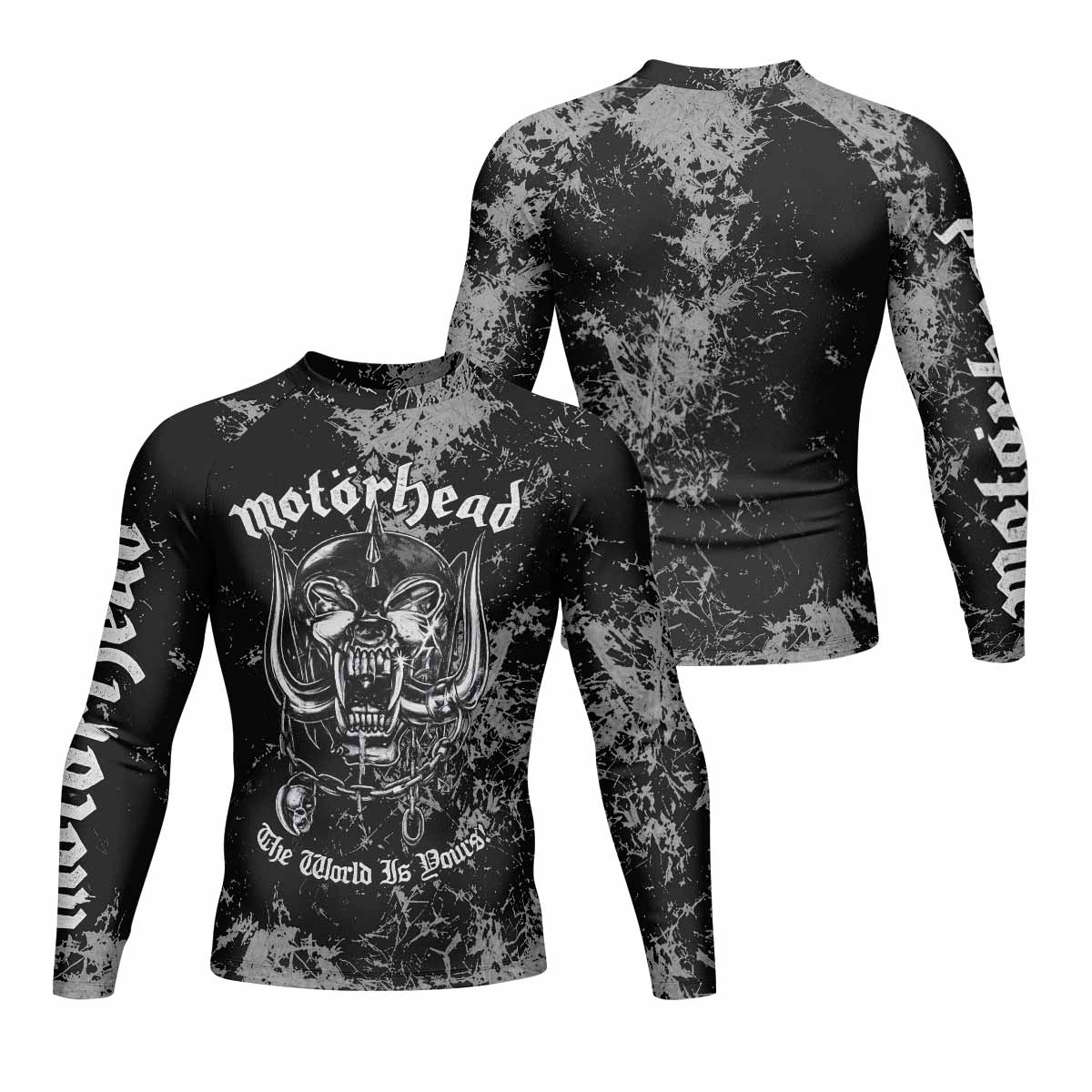 Motörhead The Wörld Is Yours Men's Rash Guard Long Sleeve - front and back view