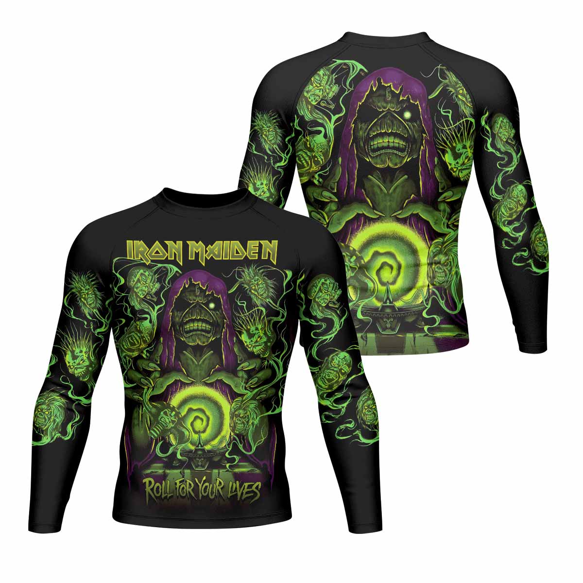 Iron Maiden Run For Your Lives Men's Rash Guard Long Sleeve - front and back view