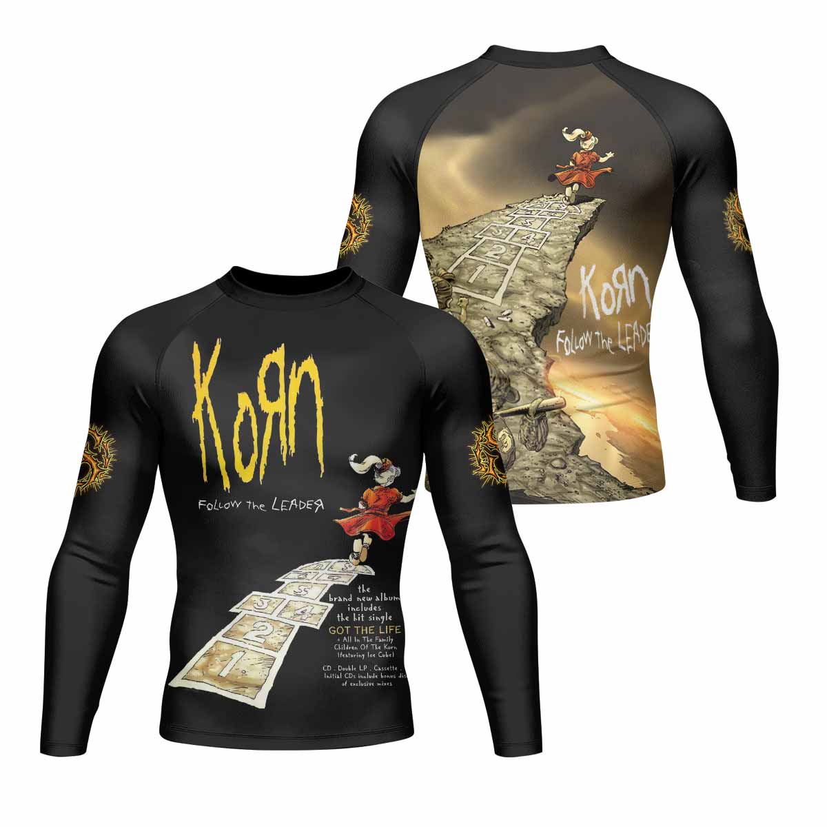 Korn Follow the Leader Men's Rash Guard Long Sleeve - front and back view
