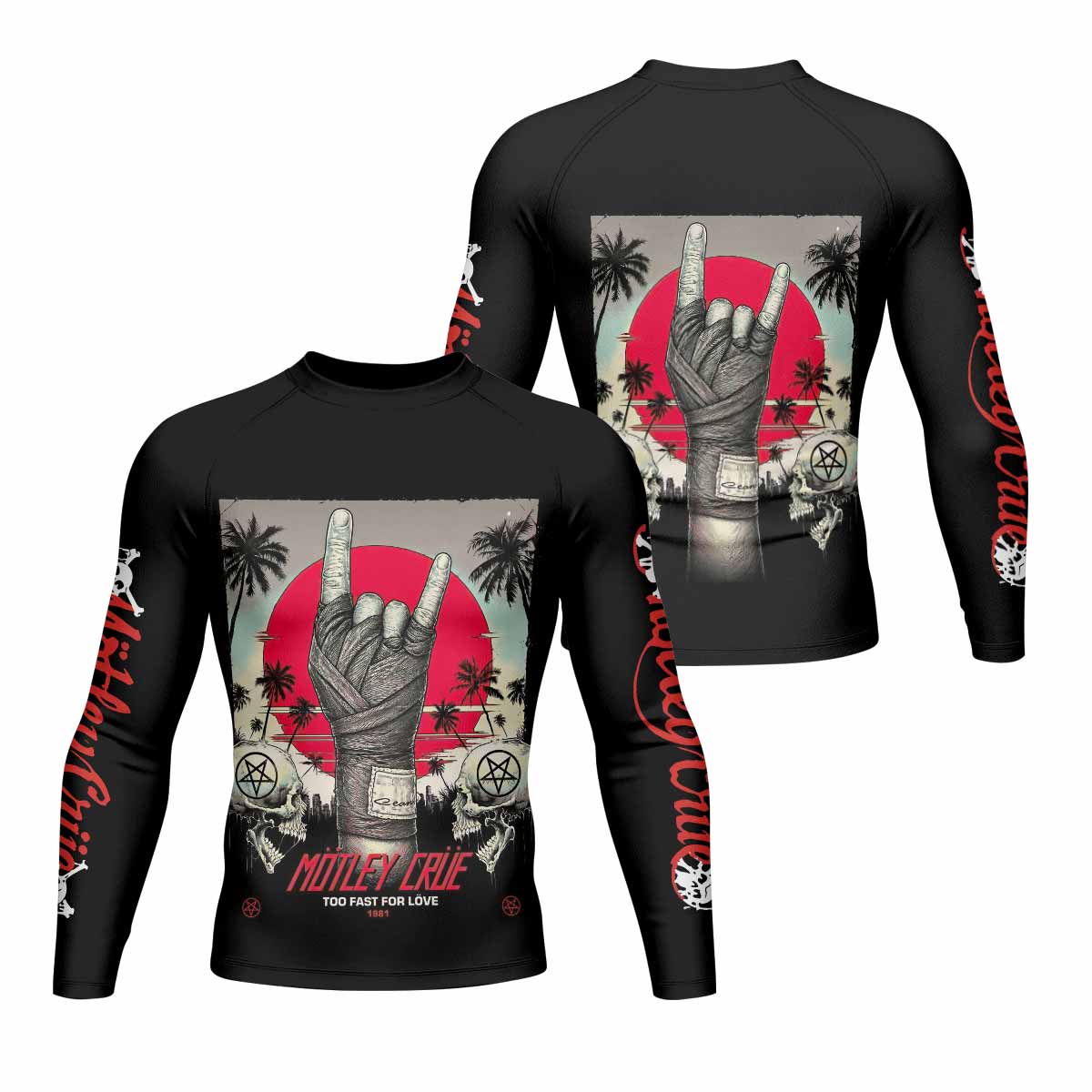 Mötley Crüe Too Fast for Love Men's Rash Guard Long Sleeve - front and back view