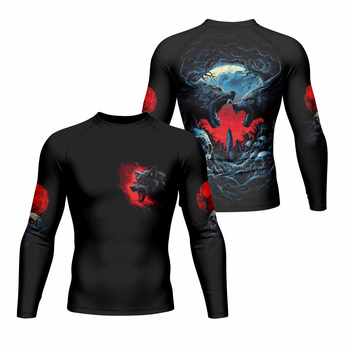 Twin Wolf Apocalypse Men's Rash Guard Long Sleeve - front and back view