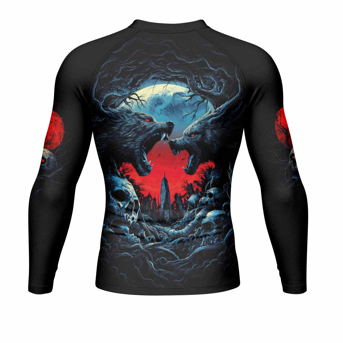 Twin Wolf Apocalypse Men's Rash Guard Long Sleeve - back view mockup