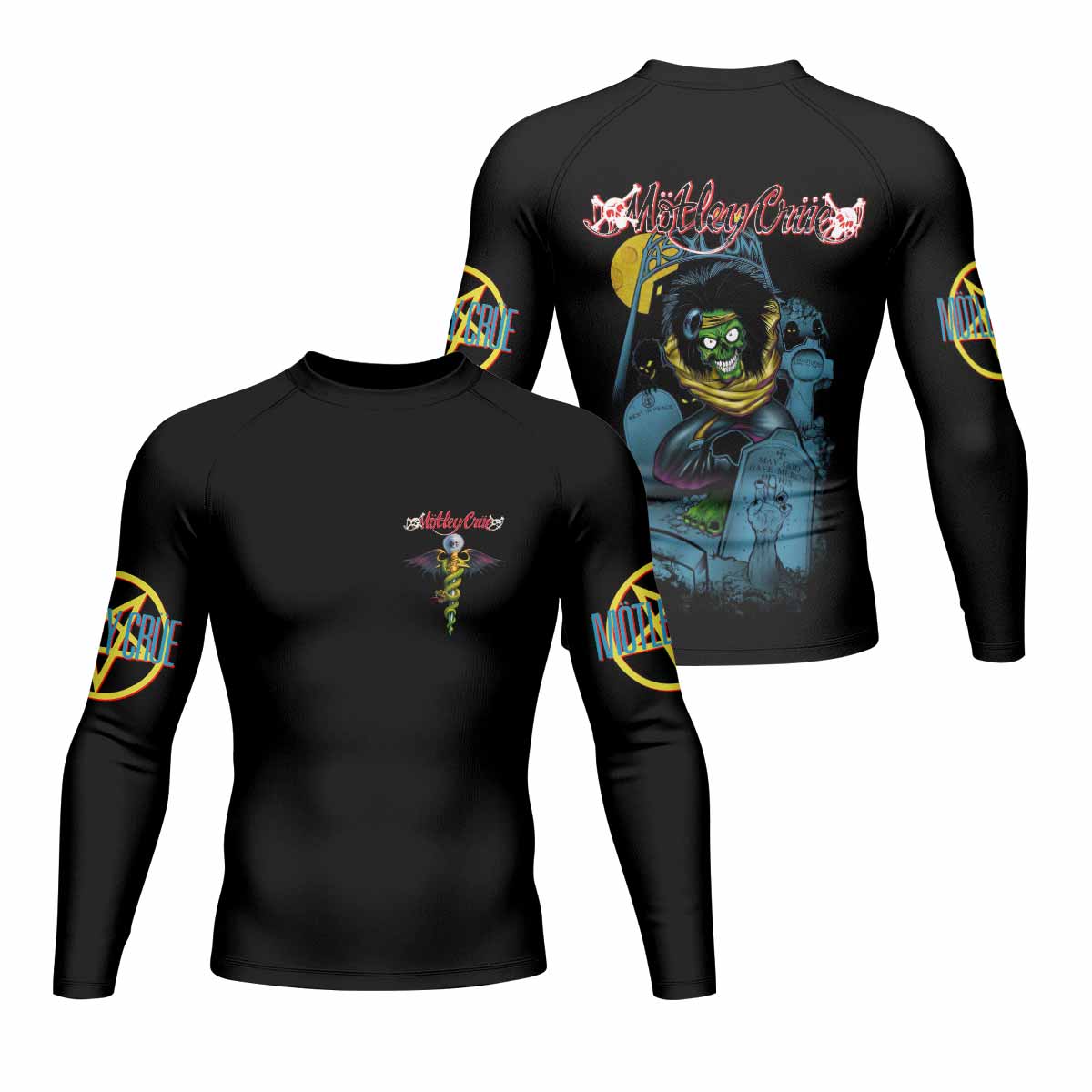 Mötley Crüe Dr. Feelgood Men's Rash Guard Long Sleeve - front and back view