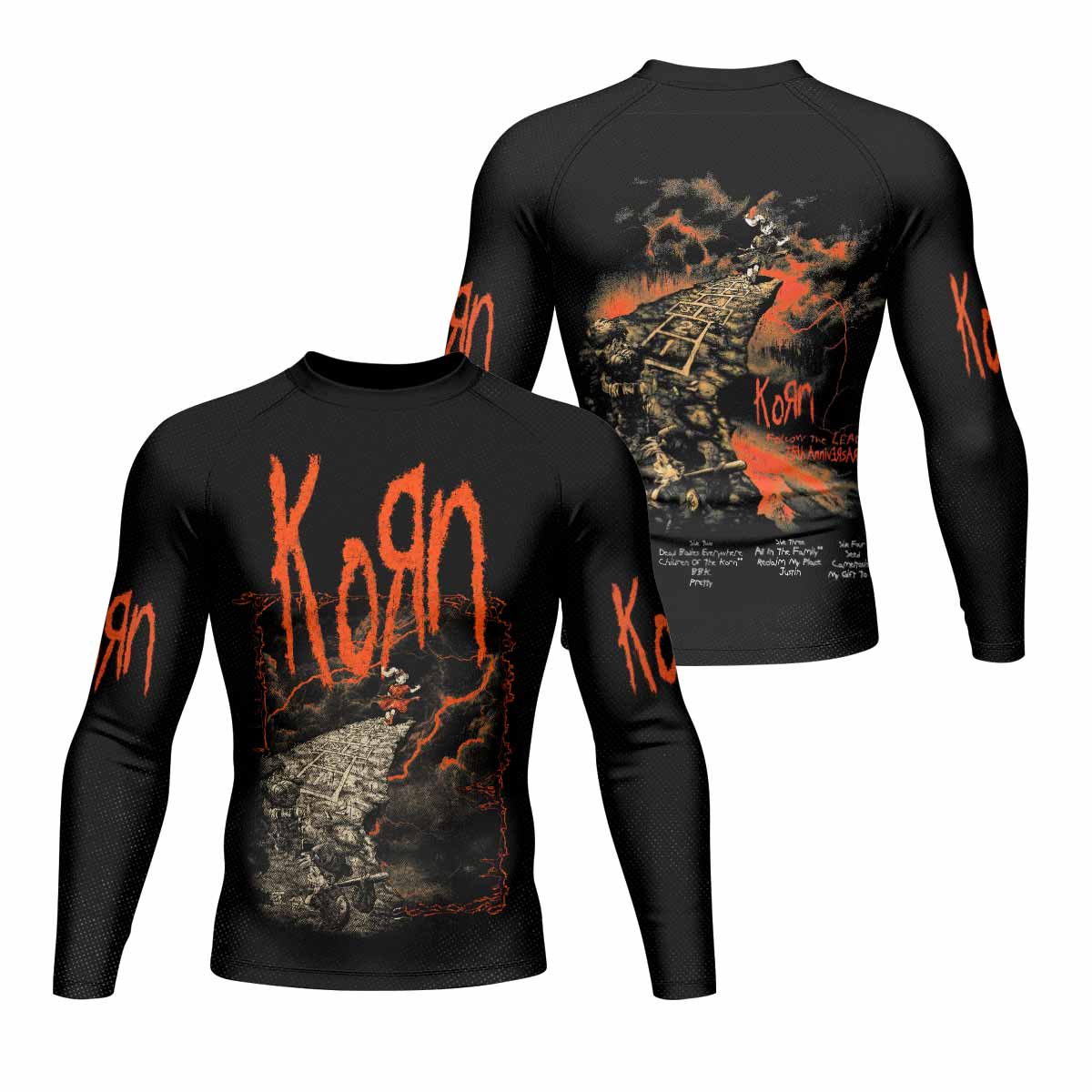 Korn Follow Cliff Men's Rash Guard Long Sleeve - front and back view