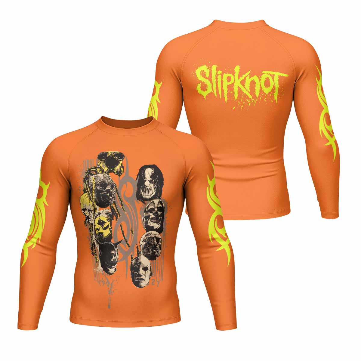 Slipknot Splatter Orange Men's Rash Guard Long Sleeve - front and back view
