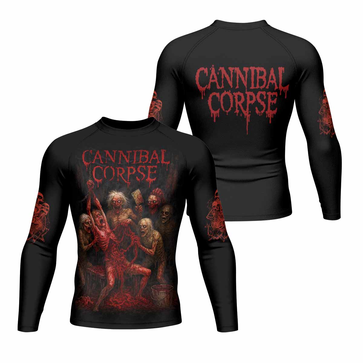 Butchered at Birth Cannibal Corpse Men's Rash Guard Long Sleeve - front and back view