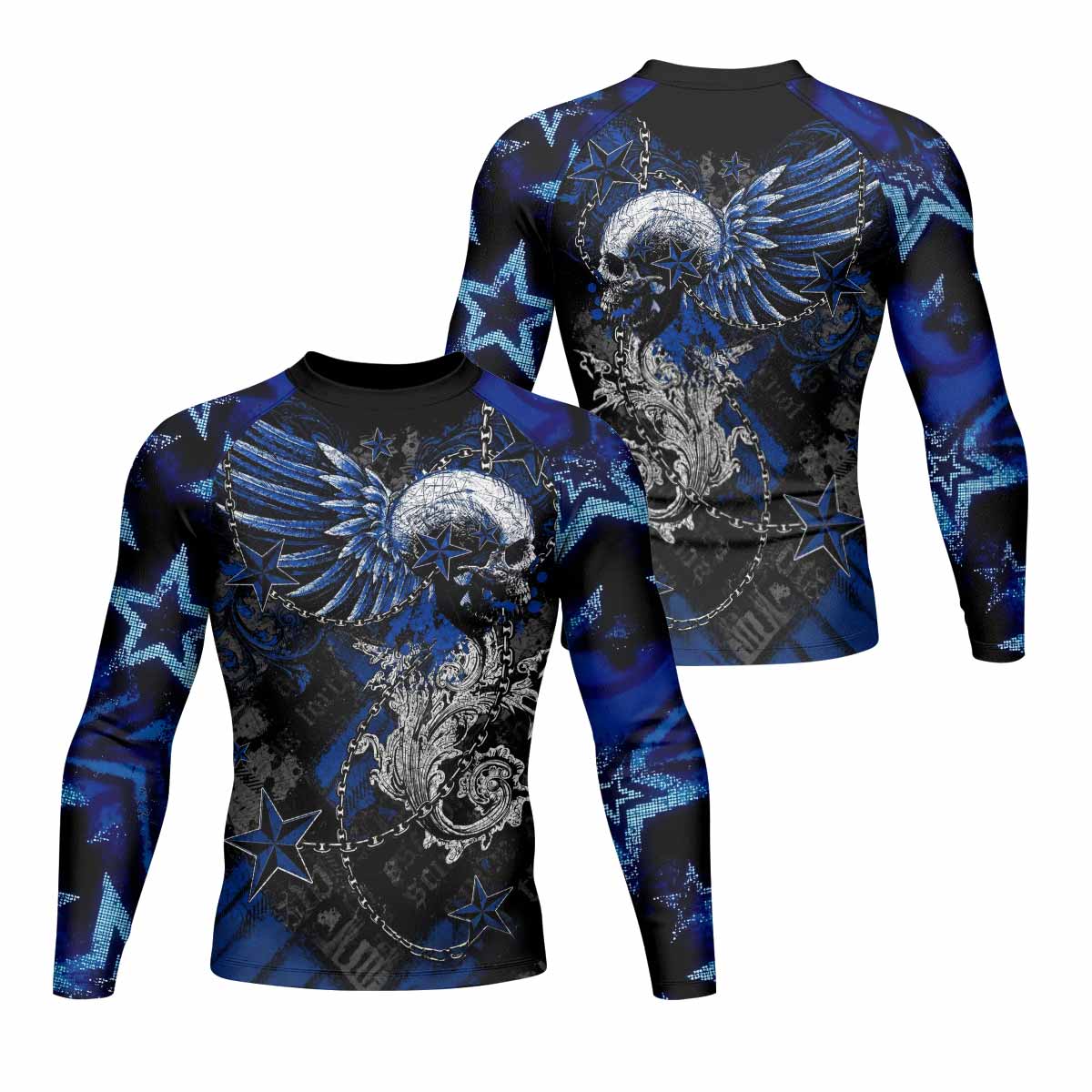 Blue Winged Skull Men's Rash Guard Long Sleeve - front and back view
