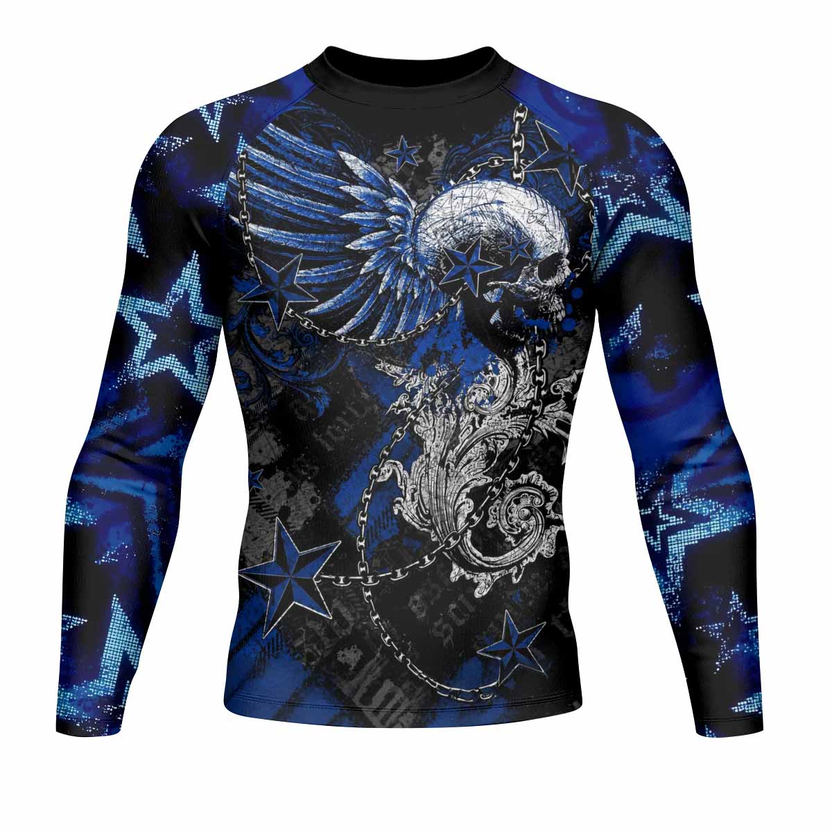 Blue Winged Skull Men's Rash Guard Long Sleeve - front view mockup