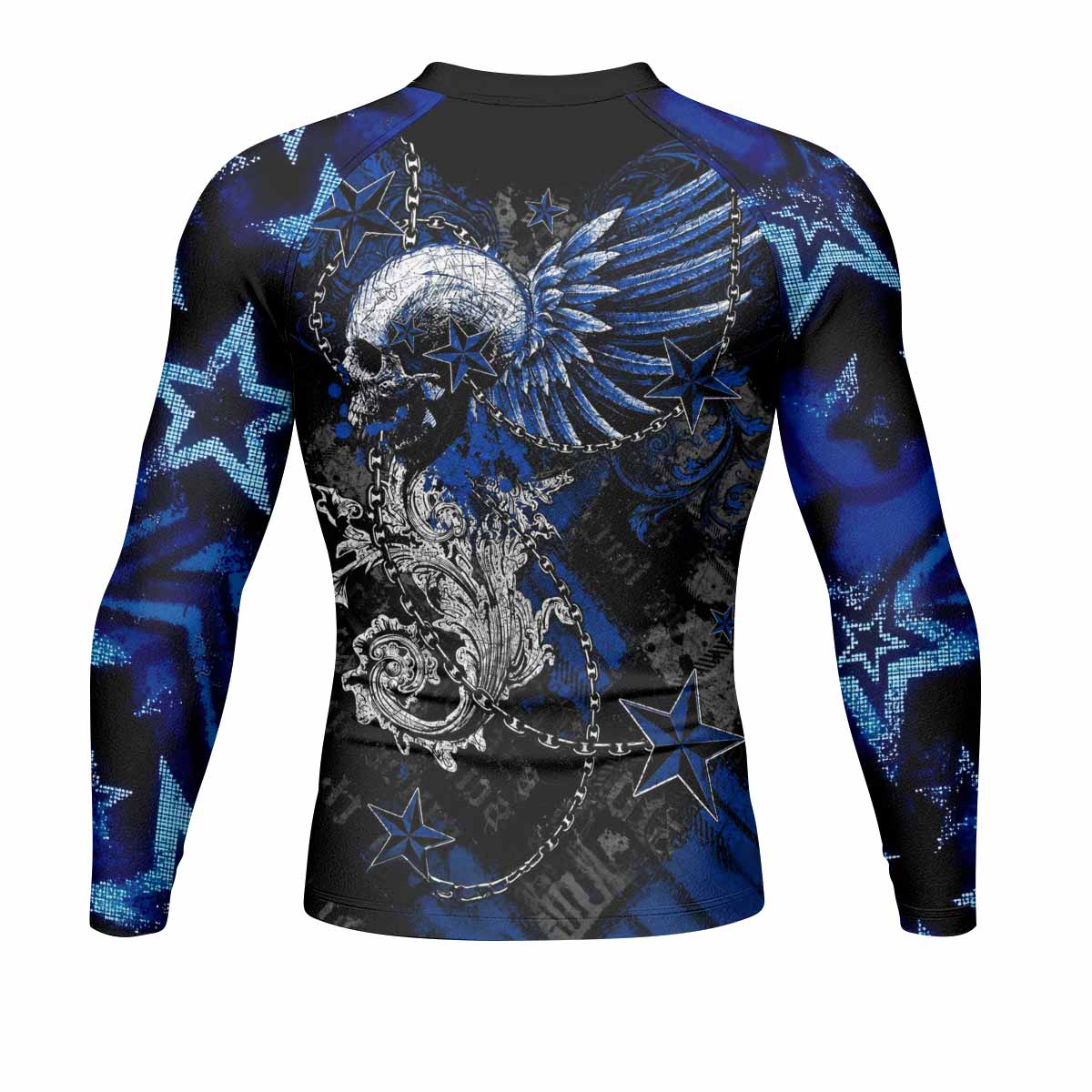Blue Winged Skull Men's Rash Guard Long Sleeve - back view mockup