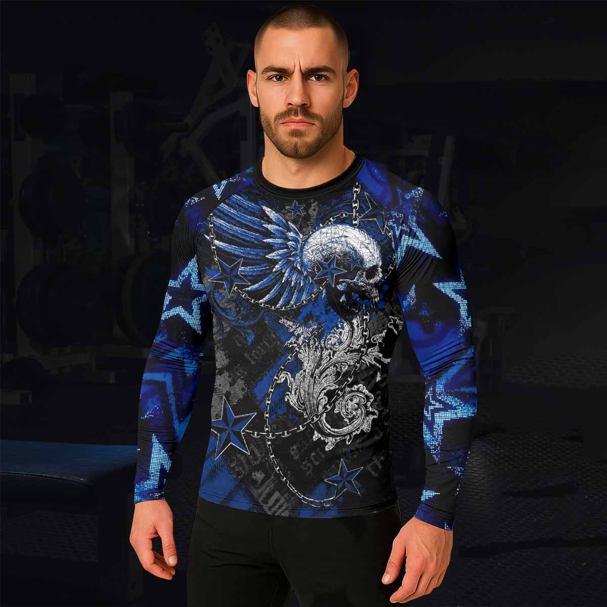 Blue Winged Skull Men's Rash Guard Long Sleeve - lifestyle view