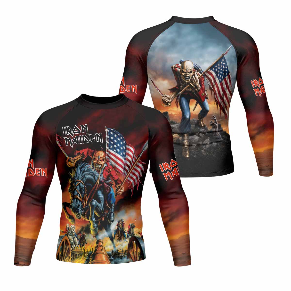 Iron Maiden American Flag Men's Rash Guard Long Sleeve - front and back view