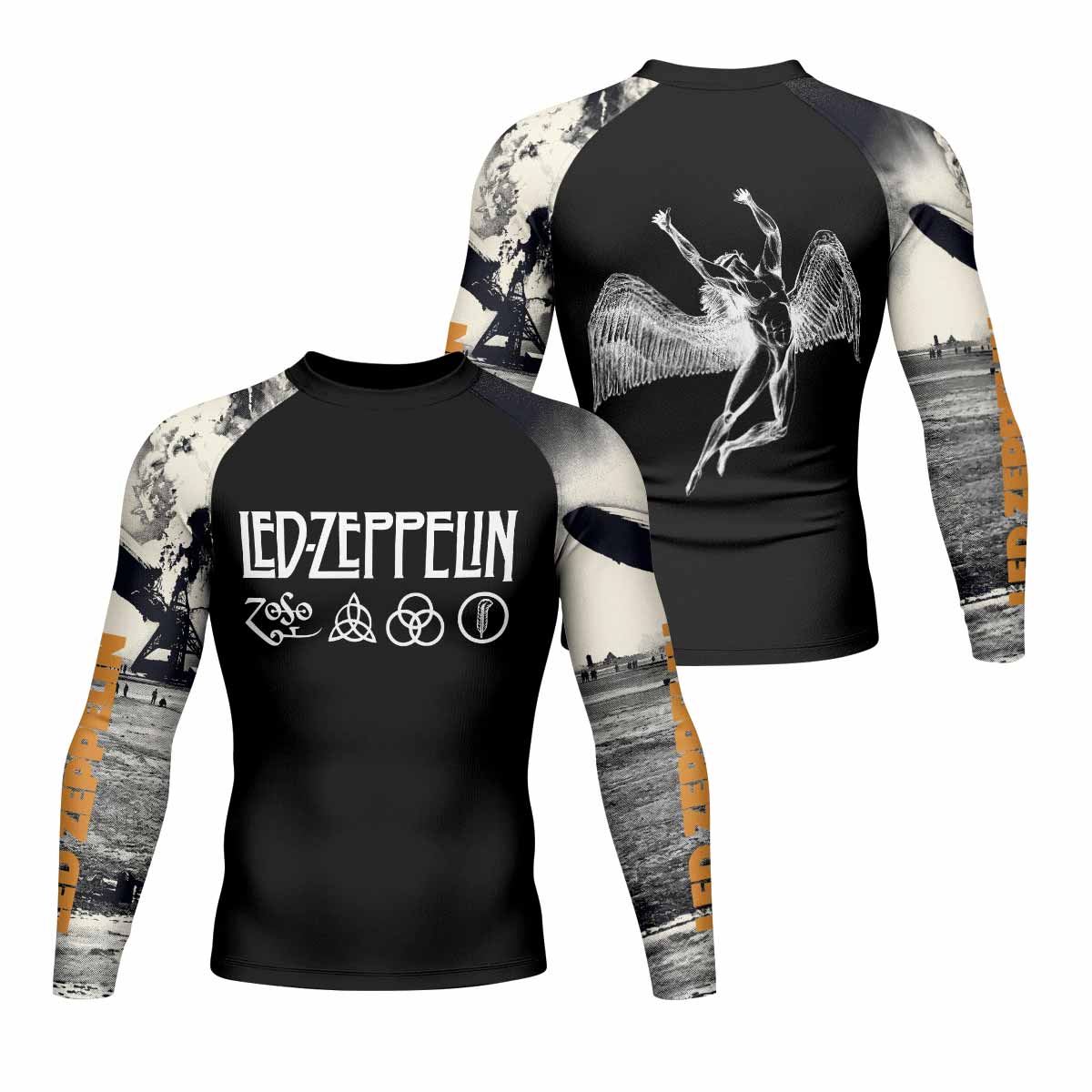 Led Zeppelin Men's Rash Guard Long Sleeve - front and back view