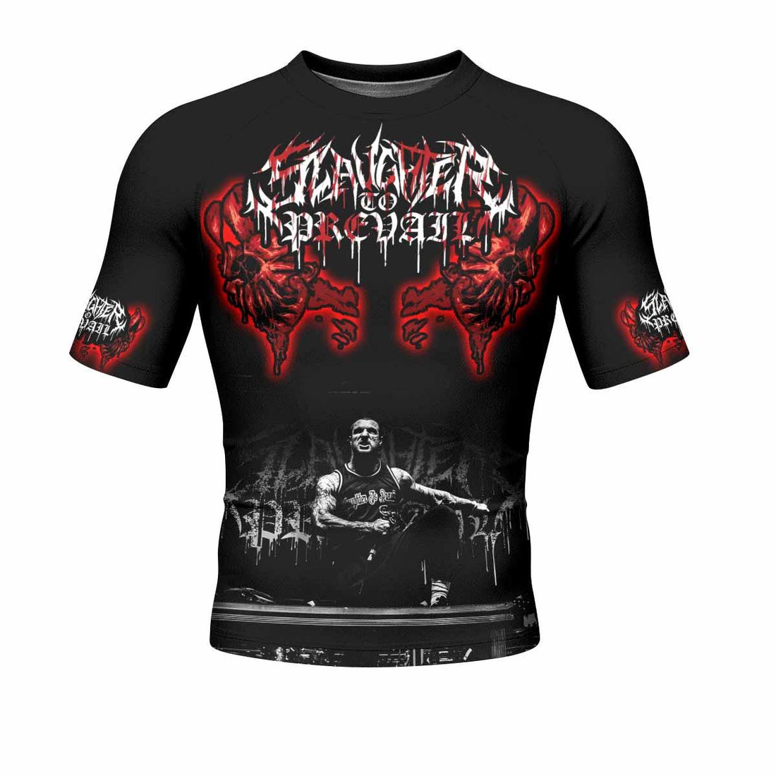 Slaughter to Prevail Men's Rash Guard Short Sleeve - front and back view