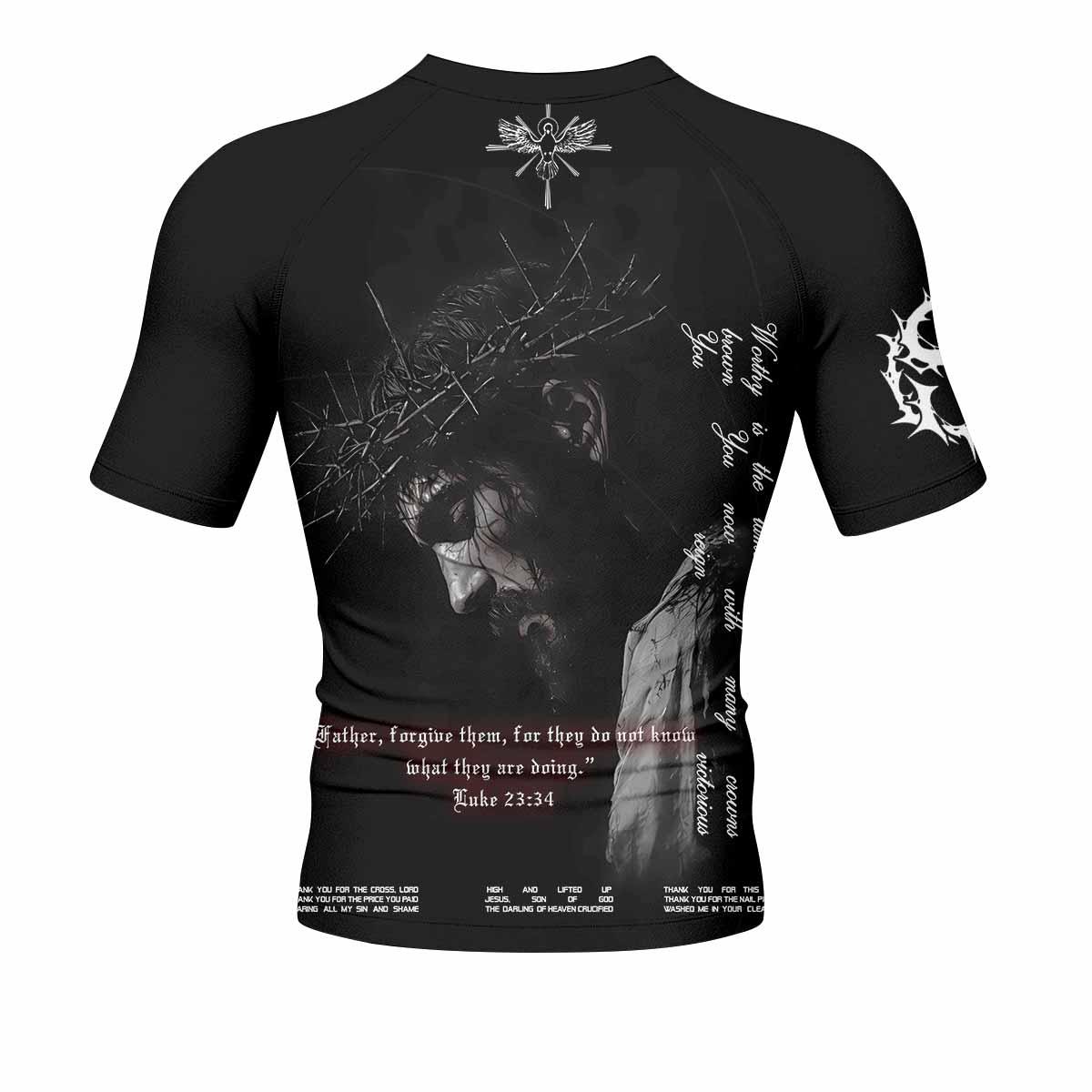 Crucified Silence Men's Rash Guard Short Sleeve - back view mockup