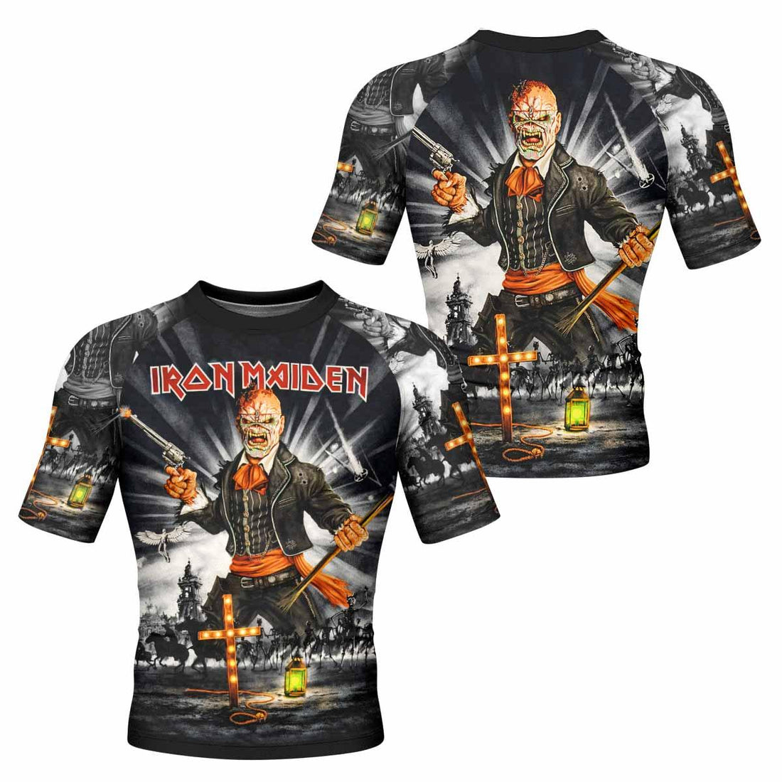 Iron Maiden Nights Of The Dead Men's Rash Guard Short Sleeve - front and back view
