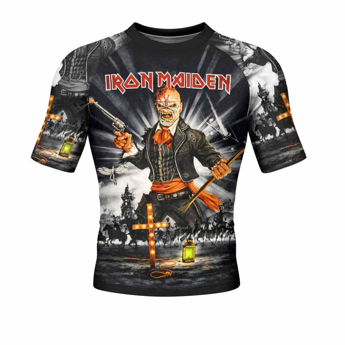 Iron Maiden Nights Of The Dead Men's Rash Guard Short Sleeve - front and back view