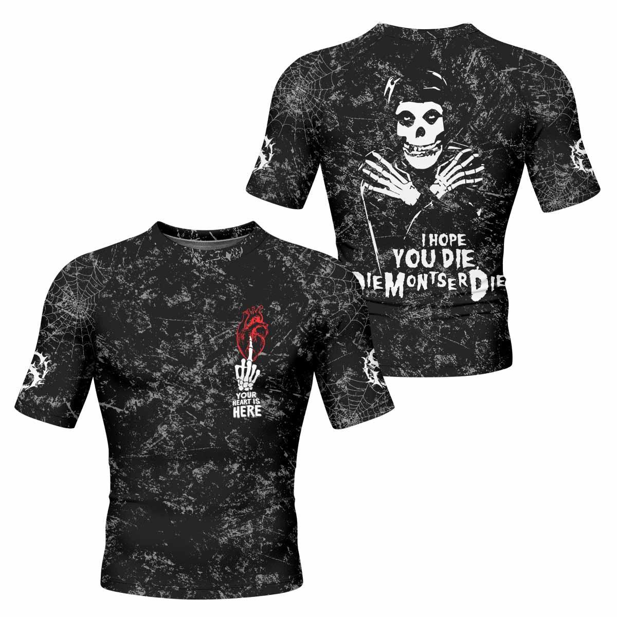 Misfits Die Monster Die Men's Rash Guard Short Sleeve - front and back view