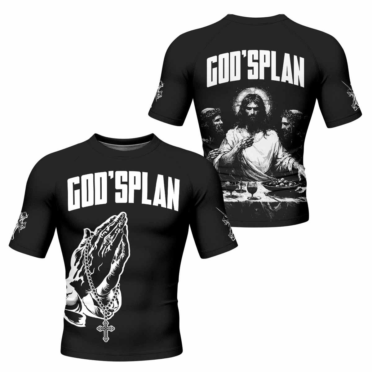God's Plan Men's Rash Guard Short Sleeve - front and back view