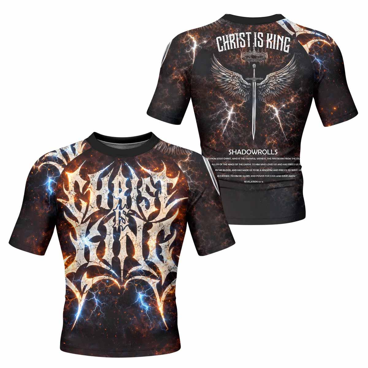 Christ is King Men's Rash Guard Short Sleeve - front and back view
