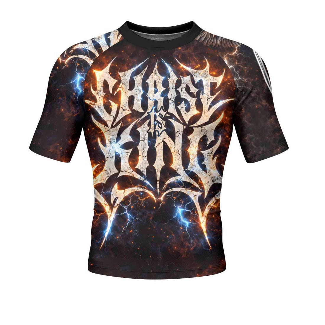 Christ is King Men's Rash Guard Short Sleeve - front and back view