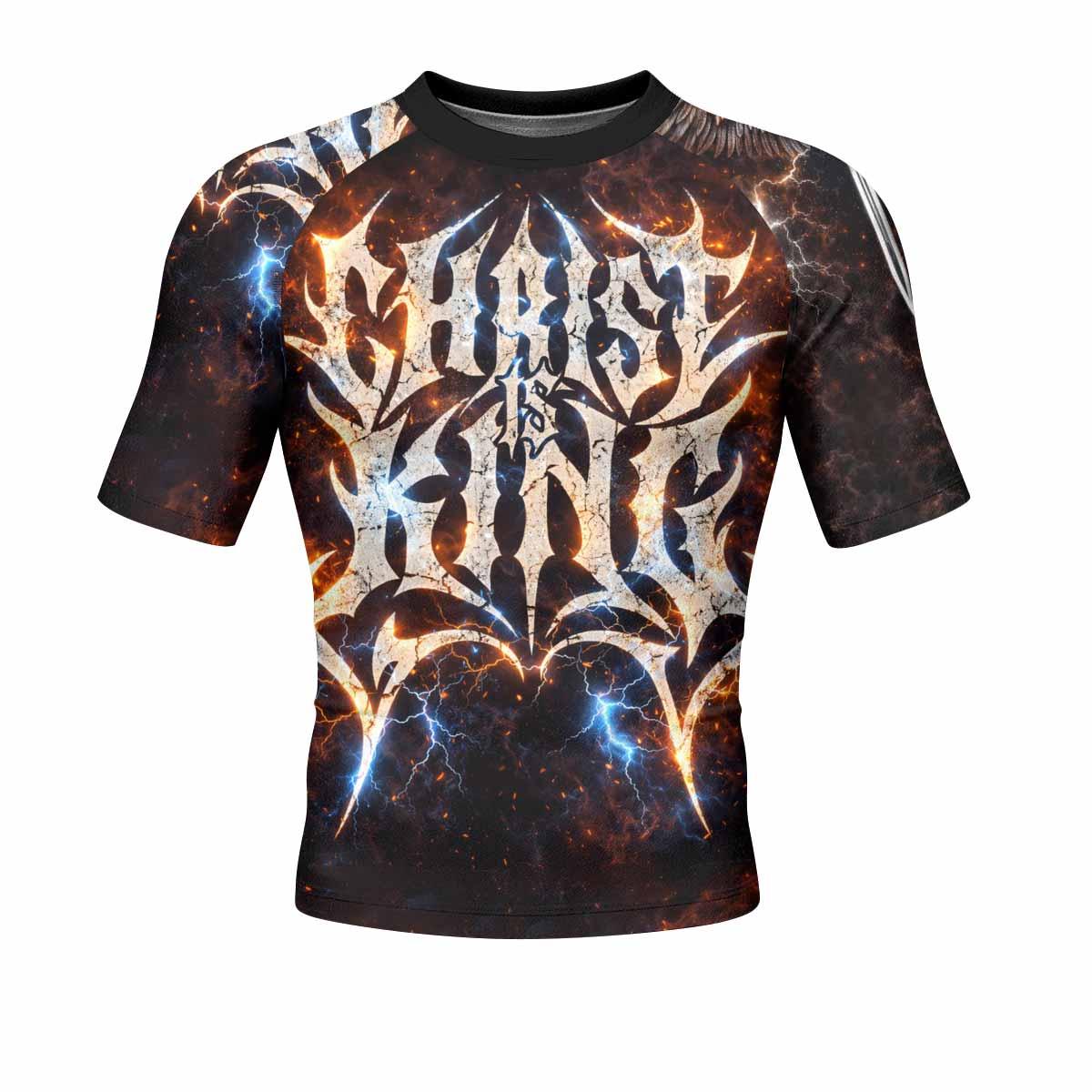 Christ is King Men's Rash Guard Short Sleeve - front view mockup