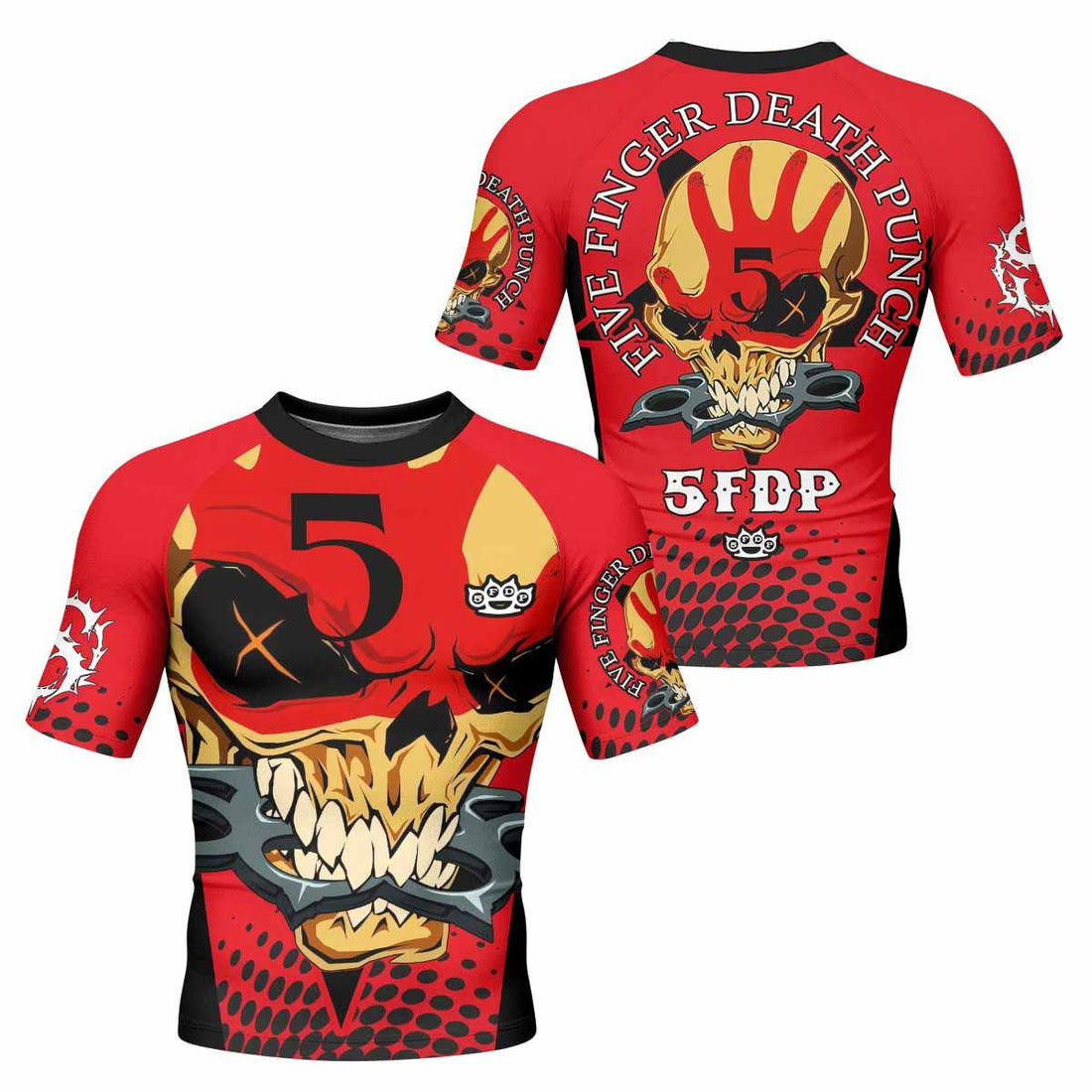 Five Finger Death Punch 5FDP Men's Rash Guard Short Sleeve - front and back view