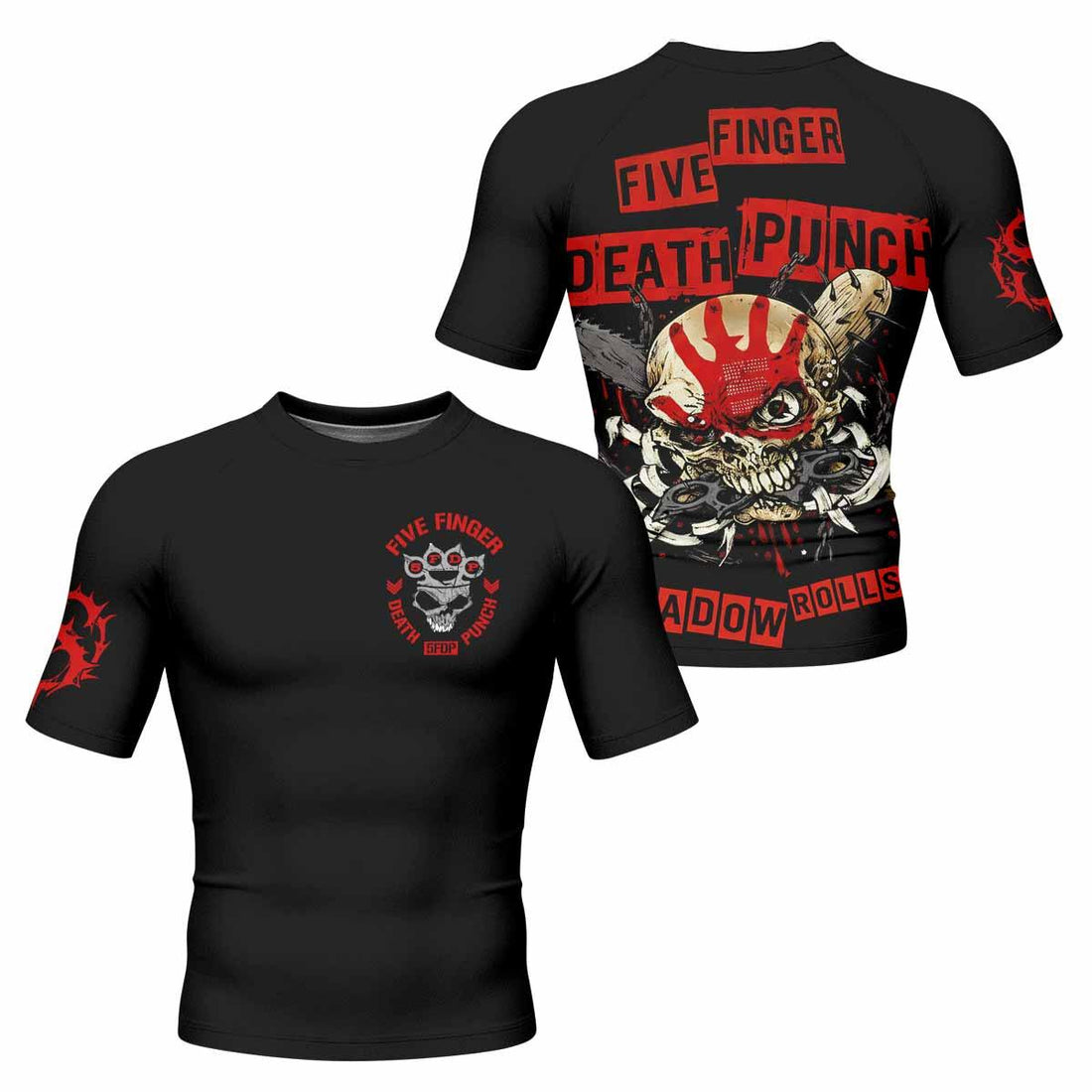 Five Finger Death Punch Shadowrolls Men's Rash Guard Short Sleeve - front and back view