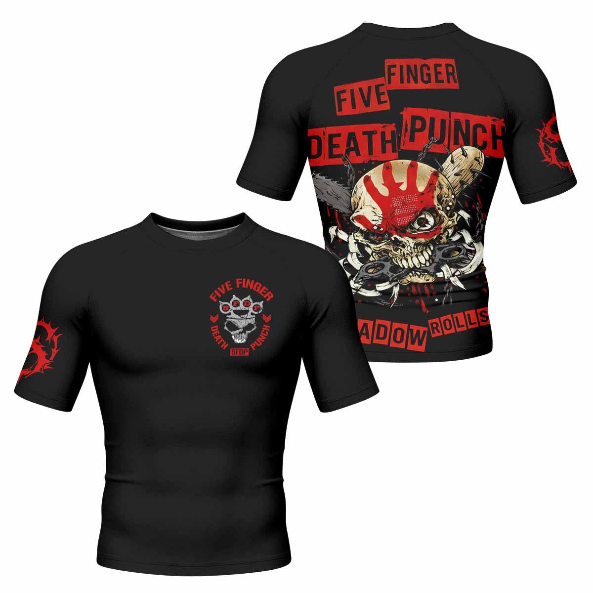 Five Finger Death Punch Shadowrolls Men's Rash Guard Short Sleeve - front and back view