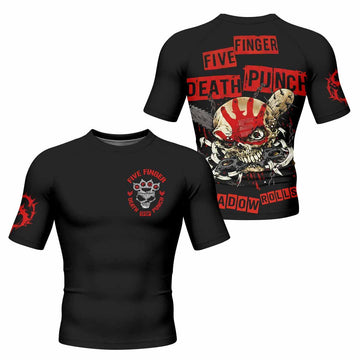 Five Finger Death Punch Shadowrolls Men's Rash Guard Short Sleeve - front and back view