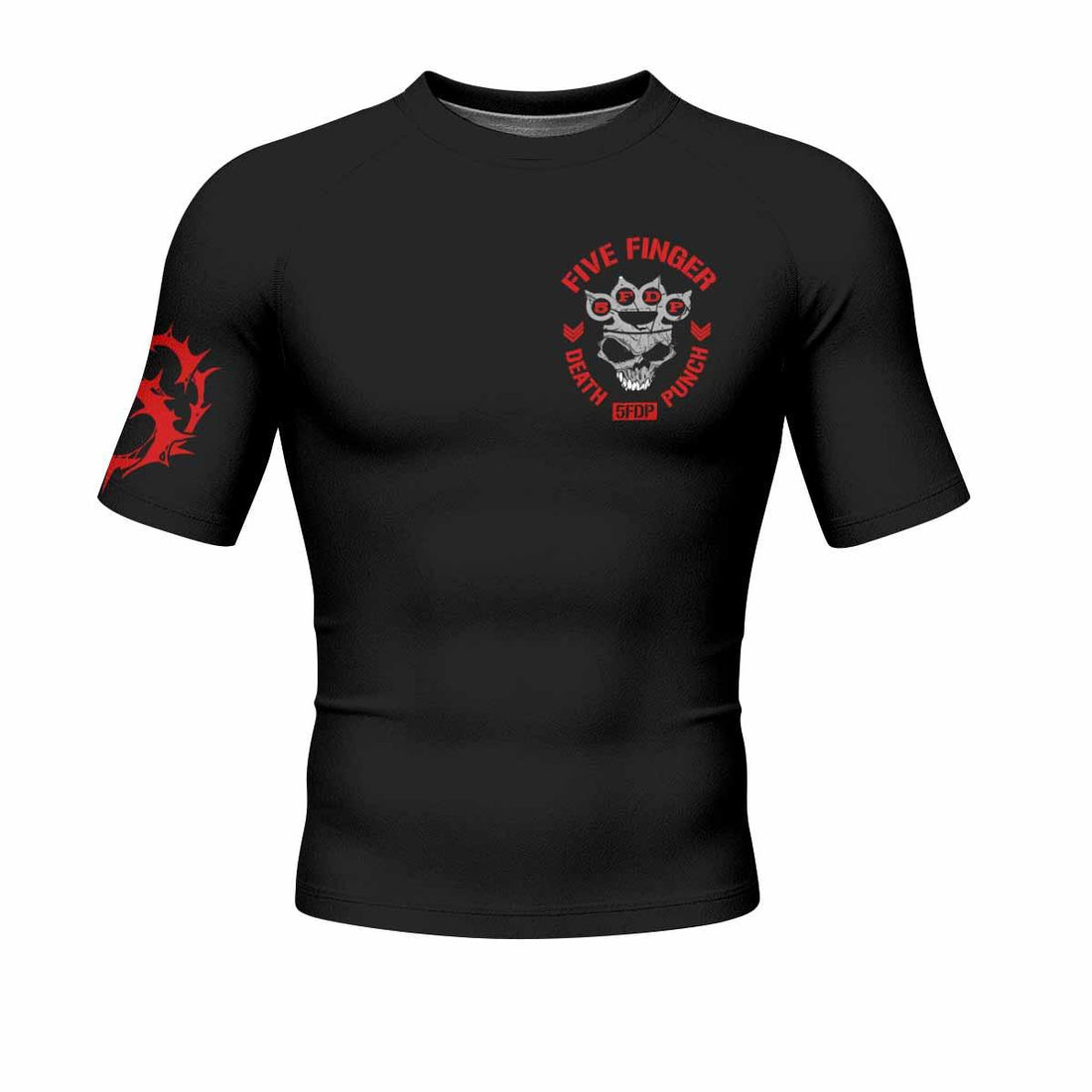 Five Finger Death Punch Shadowrolls Men's Rash Guard Short Sleeve - front and back view