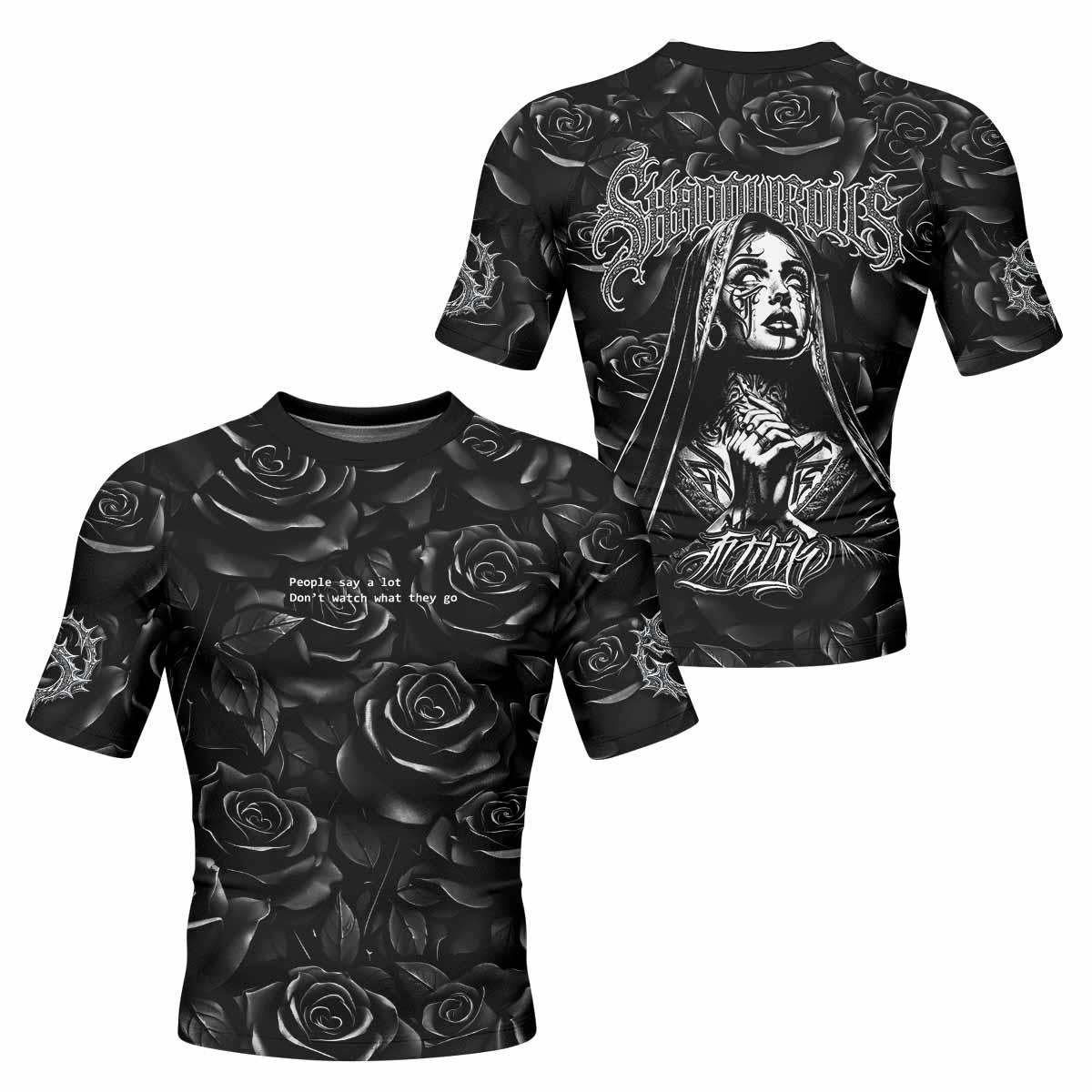 Pray for the Rave Men's Rash Guard Short Sleeve - front and back view