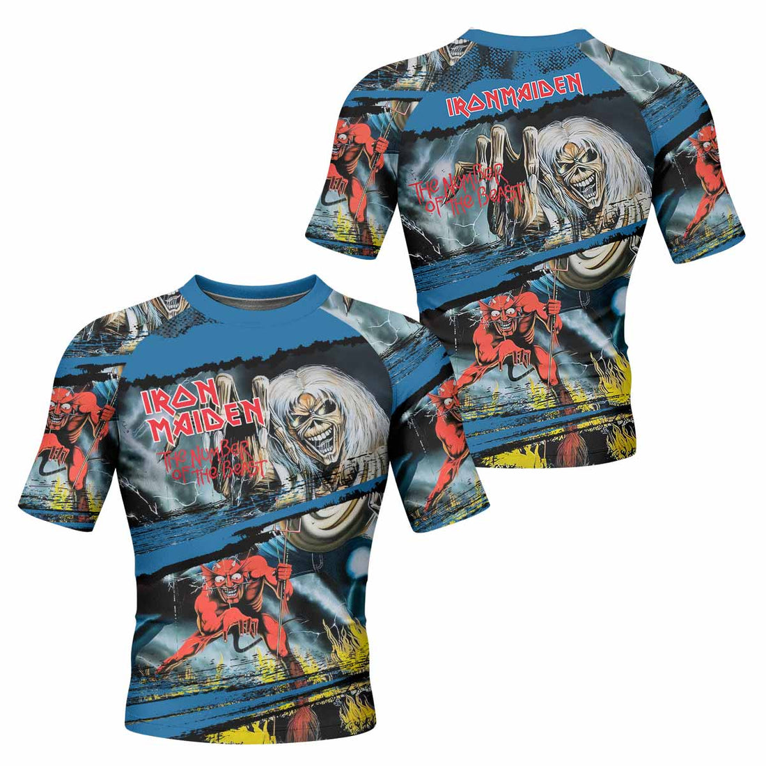 Iron Maiden The Number of the Beast Men's Rash Guard Short Sleeve - front and back view