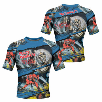 Iron Maiden The Number of the Beast Men's Rash Guard Short Sleeve - front and back view