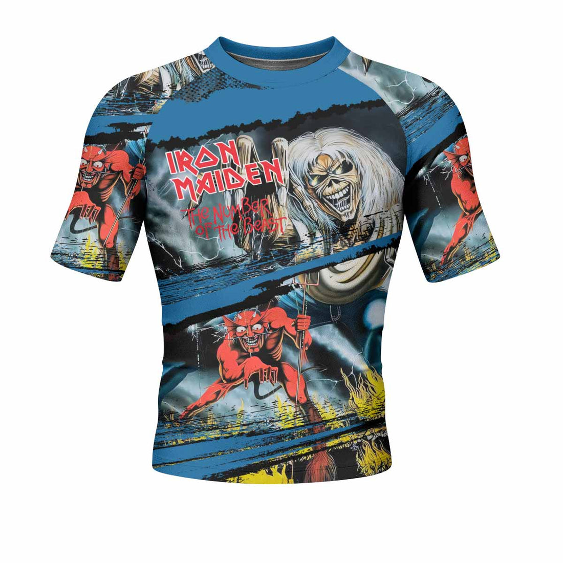 Iron Maiden The Number of the Beast Men's Rash Guard Short Sleeve - front and back view