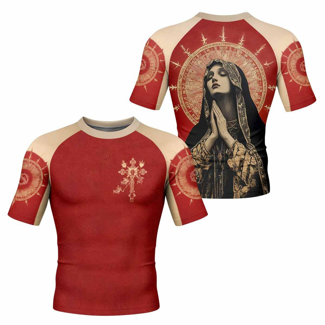 Mother of Sorrows Men's Rash Guard Short Sleeve - front and back view