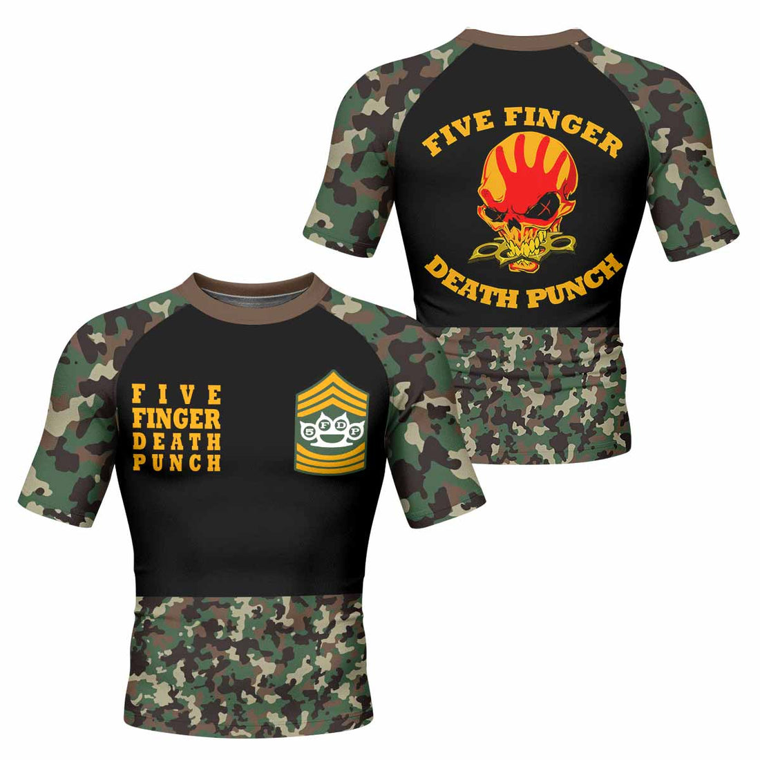 Five Finger Death Punch Camo Men's Rash Guard Short Sleeve - front and back view