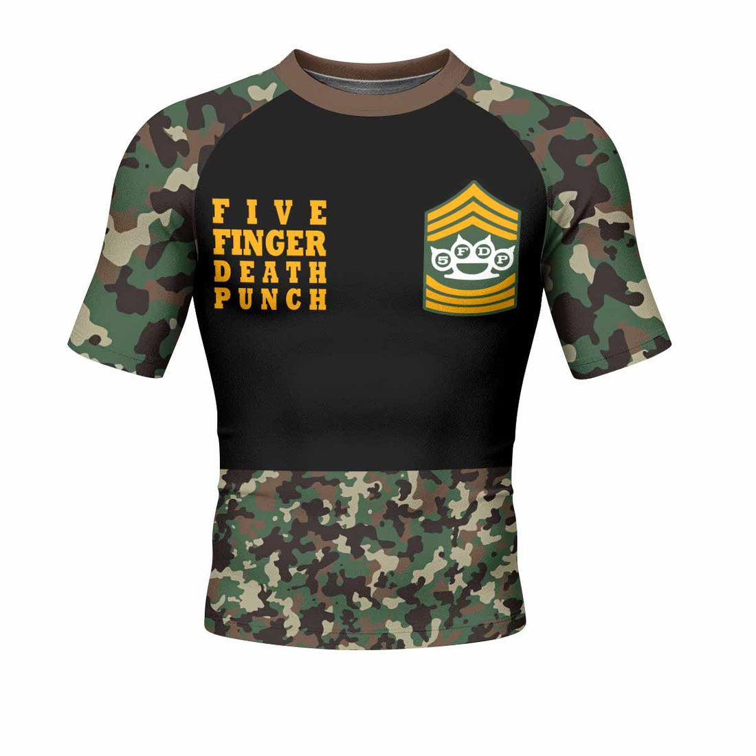Five Finger Death Punch Camo Men's Rash Guard Short Sleeve - front and back view