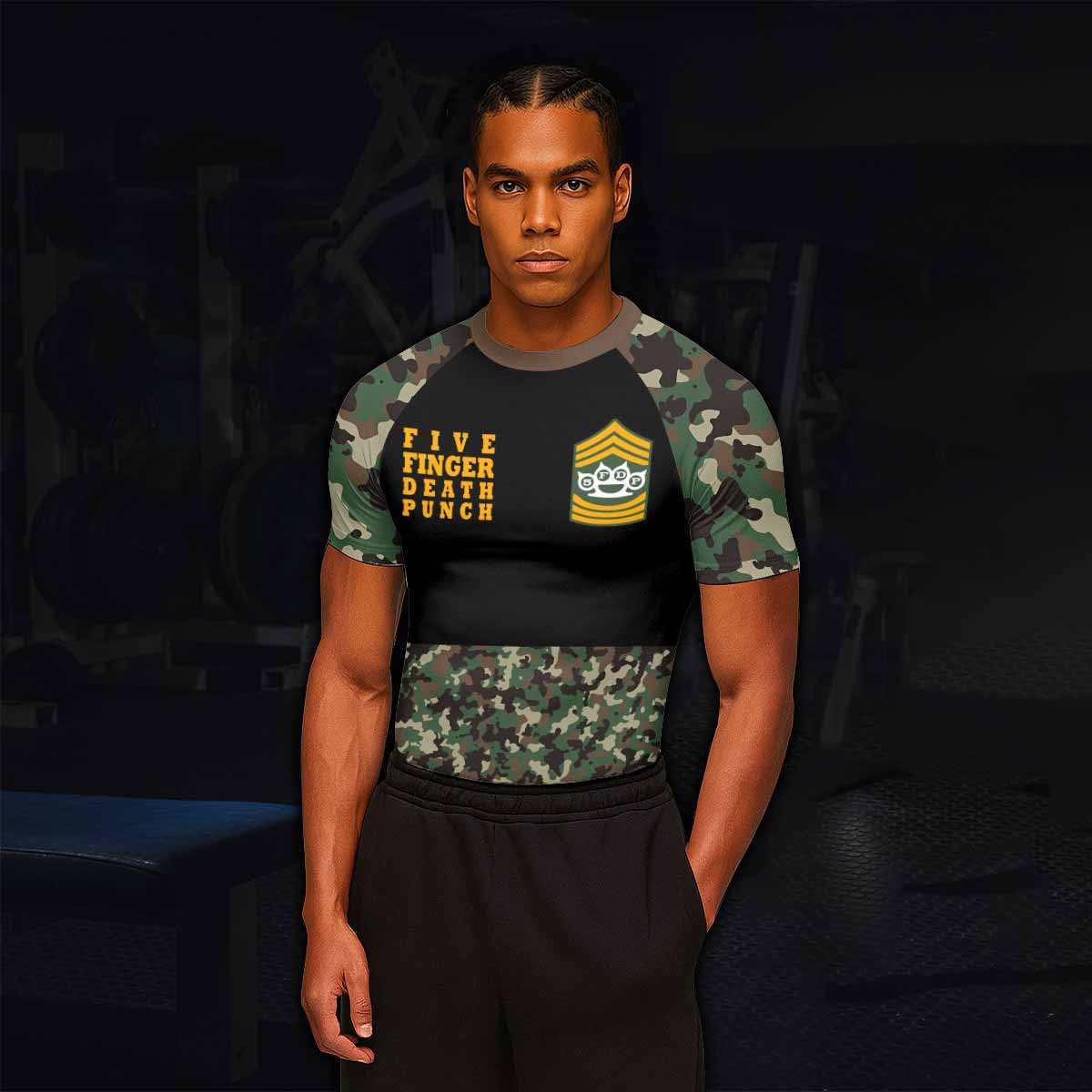 Five Finger Death Punch Camo Men's Rash Guard Short Sleeve - lifestyle view