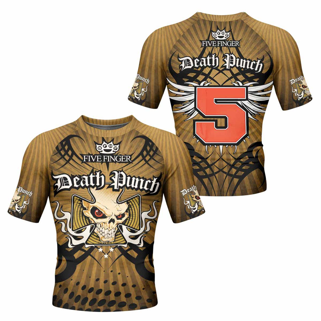 Five Finger Death Punch Gold V Men's Rash Guard Short Sleeve - front and back view