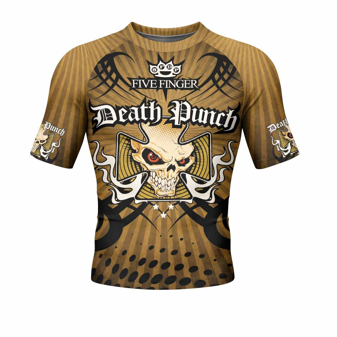 Five Finger Death Punch Gold V Men's Rash Guard Short Sleeve - front and back view