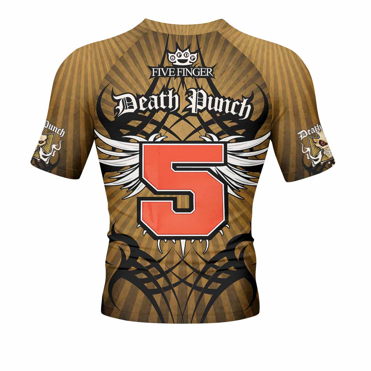 Five Finger Death Punch Gold V Men's Rash Guard Short Sleeve - back view mockup