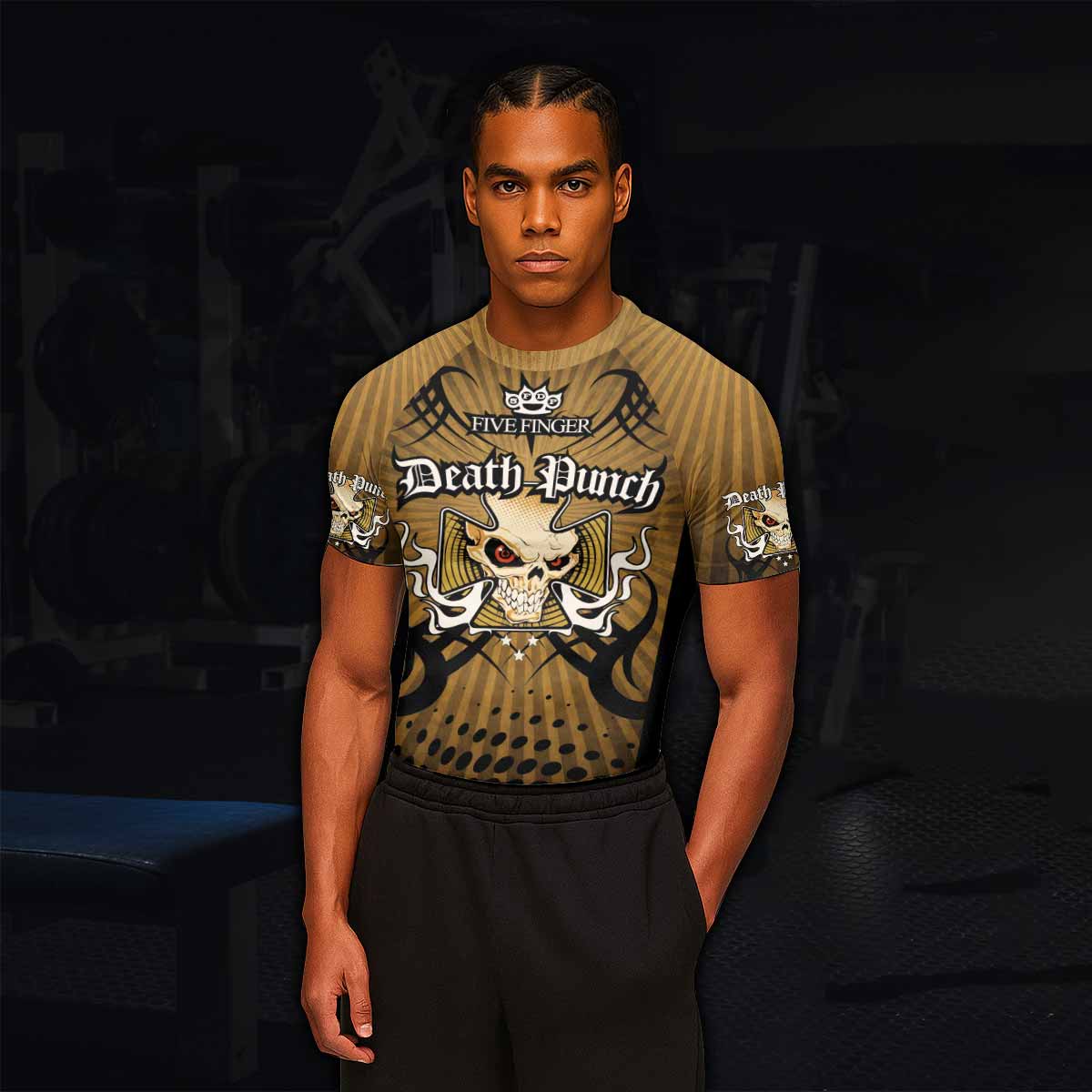 Five Finger Death Punch Gold V Men's Rash Guard Short Sleeve - lifestyle view