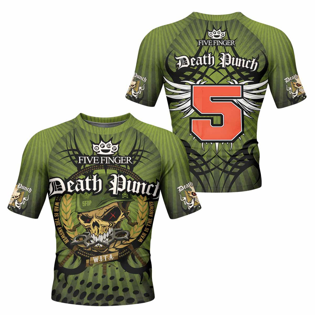 Five Finger Death Punch Green V Men's Rash Guard Short Sleeve - front and back view